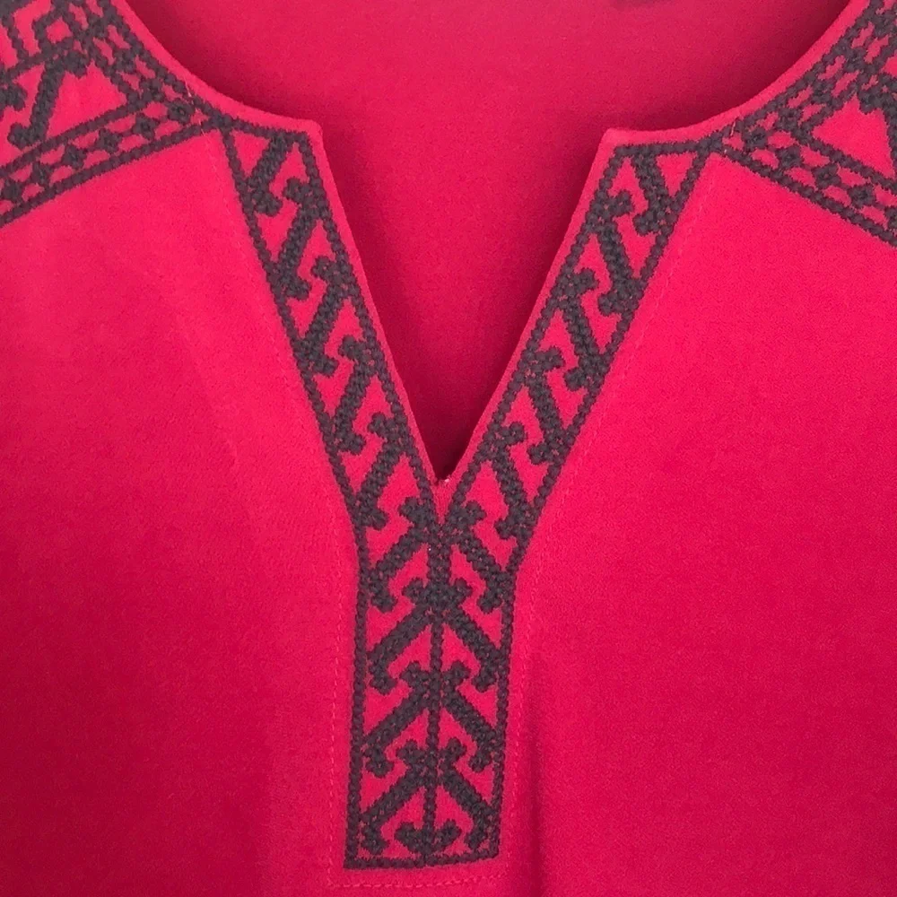 Susan Graver Red Embroidered V-Neck 3/4 Sleeve Stretch Top - Picture 2 of 8